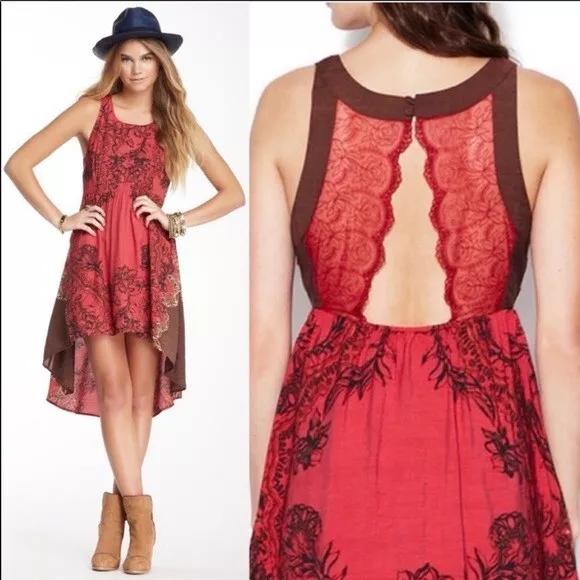 Free People Open Back High Low Hi-Lo Floral Baroque Red Lace Mini Dress Small