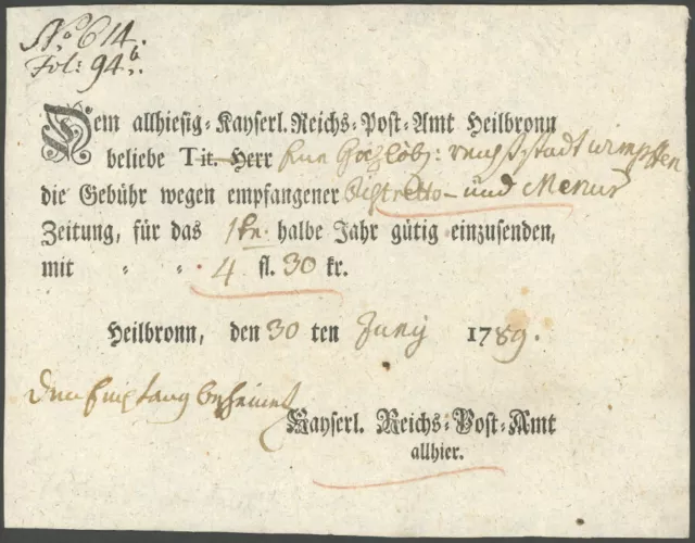 WÜRTTEMBERG 1789, HEILBRONN, Ortsdruck auf Postschein, Pracht