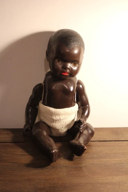 Ancien Poupon Petitcollin Celluloïd 35 Cm - Yeux En Verre - Poupée Noire SNF - France