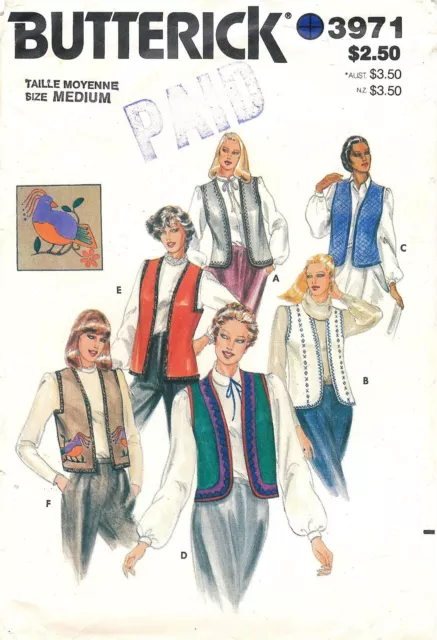 Vintage Butterick Sewing Pattern # 3971 Misses Vest & Transfer Size Medium