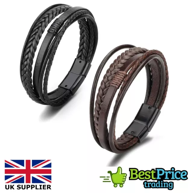 Men's Leather Multilayer Braid Bracelet Black / Brown Wristband Bangle Cuff Gift