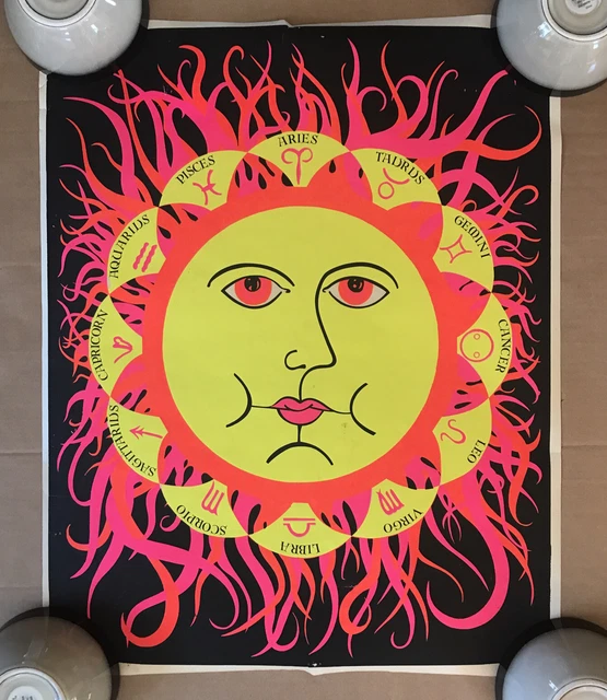 VINTAGE ORIGINAL 1960S Zodiac Sun Blacklight Poster Astrology Sign