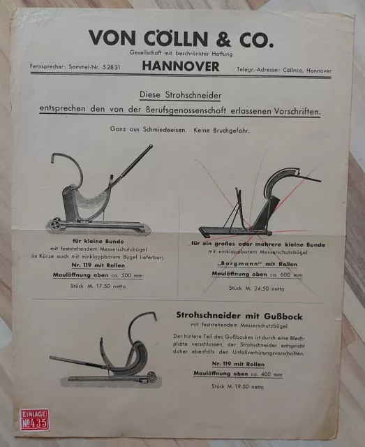 Von Cölln & Co. GmbH Hannover straw cutter Mark old advertising sheet around 1920/30