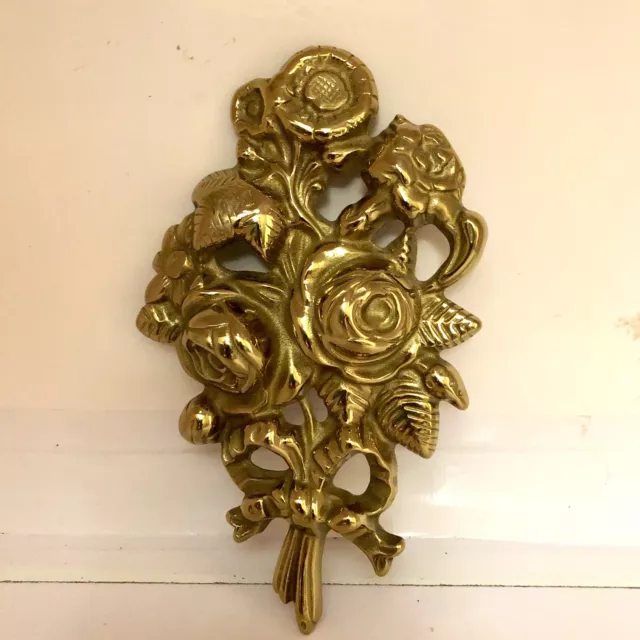 Vintage Solid Brass Bow Ribbon Roses Wall Hanging Decorative Ornate Door Hanger