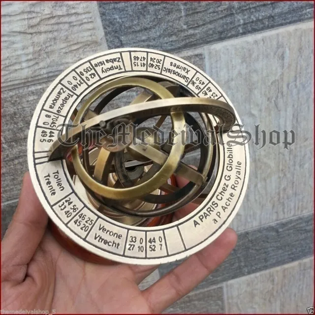 Vintage Astrolabe Antique Armillary Brass Desktop Globe Sphere Wooden Base Gift