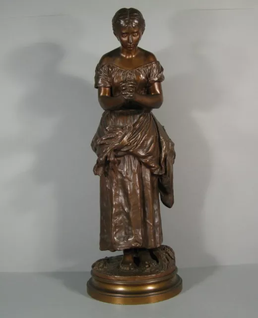 Angélus Jeune Femme Paysanne Prière Grande Sculpture Bronze Ancien Signé Gaudez