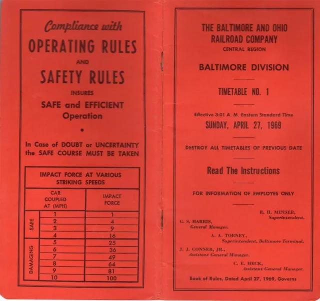 1969 Baltimore & Ohio Railroad Employee Timetable Baltimore Division #1