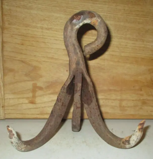 Antique Primitive Blacksmith Hand Forged Wrought Iron 3 Prong Meat Hook