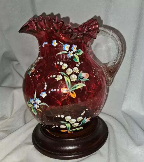 Victorian Antique 1800s Hand Blown and Hand Painted Cranberry Glass Pitcher