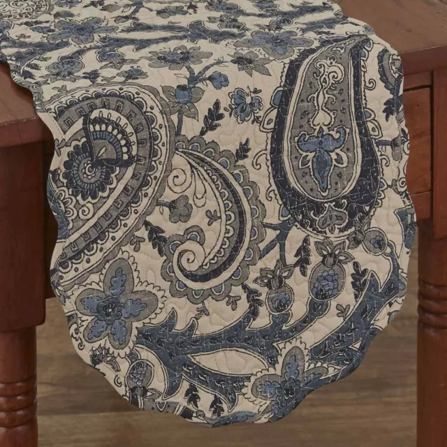 Brighton Paisley Blue Tan Quilted Scalloped Edge Cotton 36in Table Runner