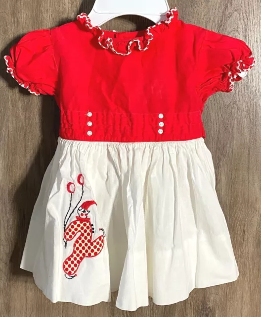 Vintage Nannette Toddler Girl's Red White Embroidered Clown Party Dress USA