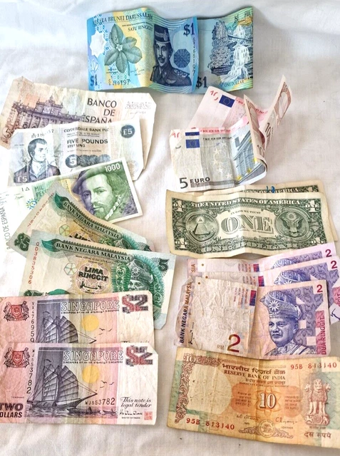 Used Bank Notes COLLECTION OF OLD Banknotes. Inc USA, India, Singapore, Malaysia + Euro ...