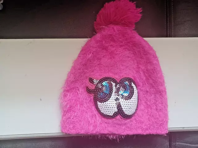 Delia's Girl Beanie Hat With Sequin Eyes And Lashes With Pom-Pom On Top In Pink