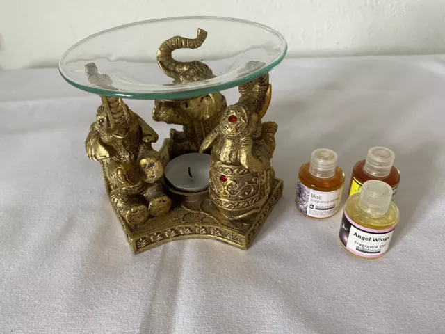 Gold Three Elephant Oil & Wax Burner with Glass Dish & 3 Bottles Fragrance Oils