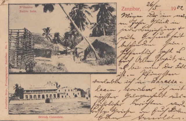 Zanzibar 1902: post card Native huts to Hamburg