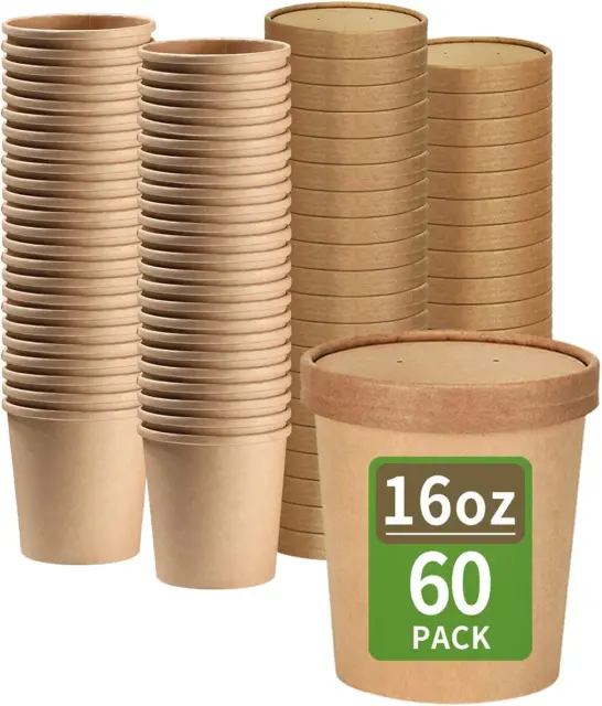 60 Pack 16 Oz Paper Soup Containers with Lids, Disposable Ice Cream Pint Contain