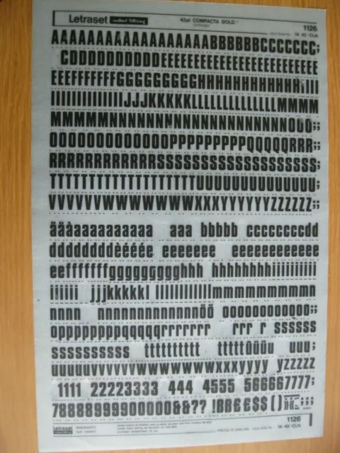 .1 x Letraset Upp/Low/Num COMPACTA BOLD 42pt 12.2mm Sheet 1126 :Used