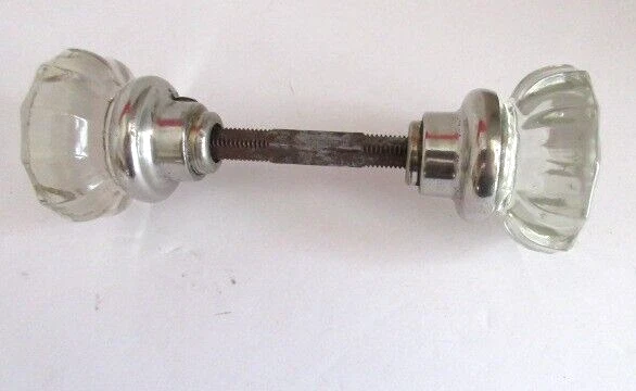 Pair Of Vintage Antique 12 Point Crystal Glass Door Knobs Silvertone Metal