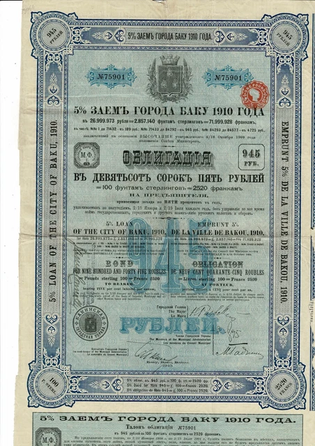 The City of Baku - Baku 1910 - Bond 945 Roubles The City of Baku - Baku 1910 - Bond 945 Roubles