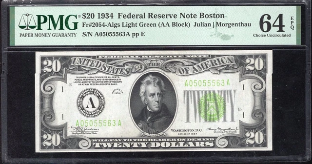 1934 $20 Boston FRN Light Green Seal PMG 64 EPQ Fr 2054-A lgs A05055563A 2