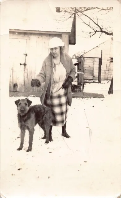 Old Photo Snapshot Woman With Pet Dog on Winter Snow Weather #32 Z31