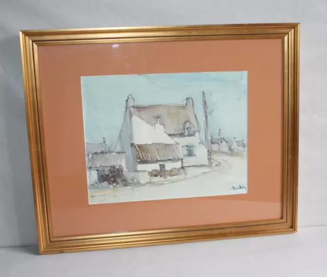 Tableau, jolie aquarelle, signée, maison bretonne, Bretagne, hortensia