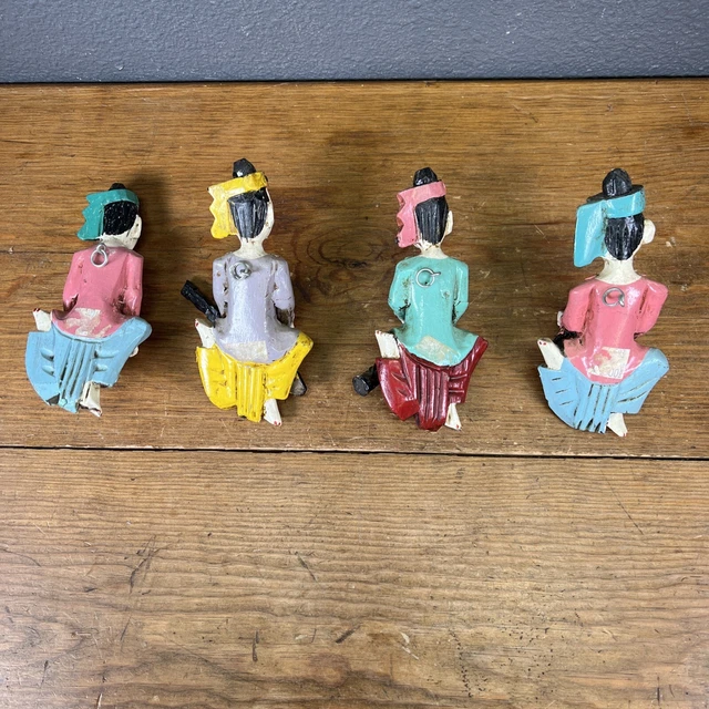 3 Burmese Temple Musicians Wall Plaques Hand Carved Wood Java Burma 7 In 8
