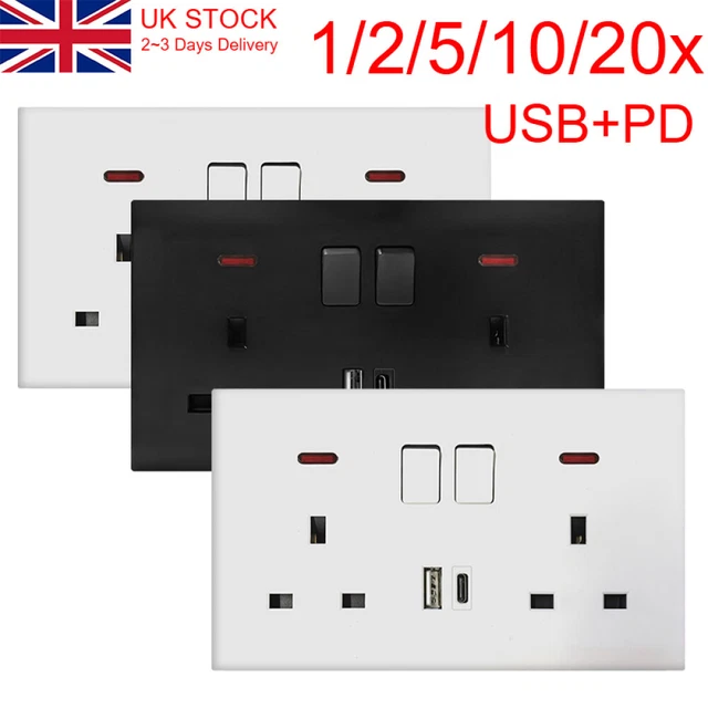 DOUBLE WALL SOCKET 2 Gang 13A with 1 USB+1 Type-C Charger Port Outlet ...
