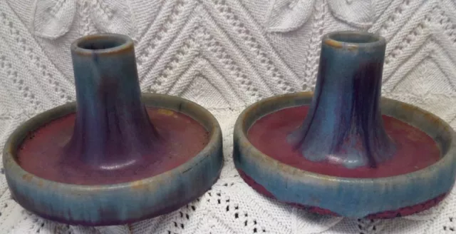 Fulper Early 20Th Century Pair Of Rare Plunger Candlesticks In Matte Glaze