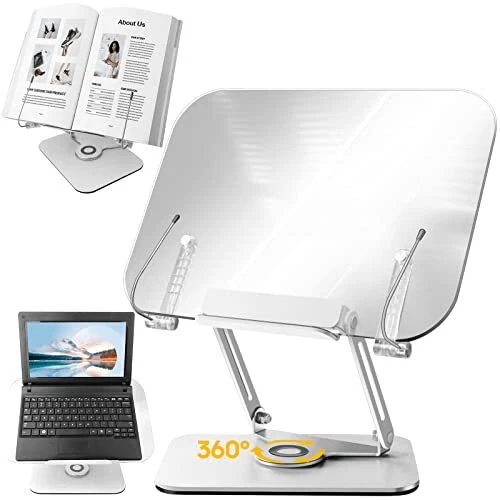 Metal Portable Book Stand for Desk, Foldable Acrylic Bookstand 360° Rotatable