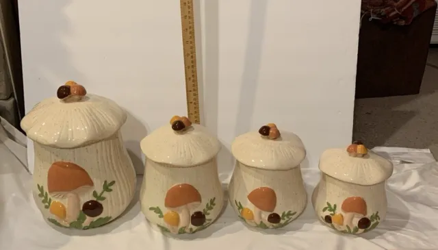 Vtg Arnel’s Mushroom Canister Set Ceramic Retro 1970s Kitchen Set of 4