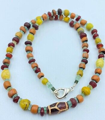 Antique Old Ancient Roman Glass Etched Painted Carnelian Bead Jewelry Necklace