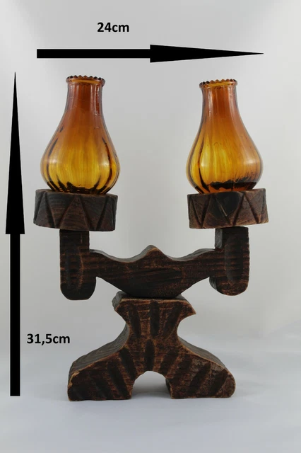 Candelabro de madera y Tulipas en Vidrio Ambar,  2 Velas.  VINTAGE Rustico 3