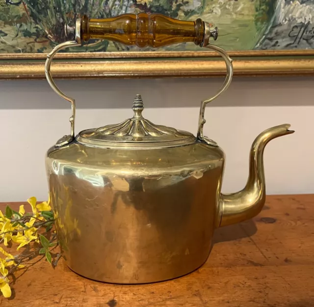 Antique Brass Teapot w/Amber Glass Handle