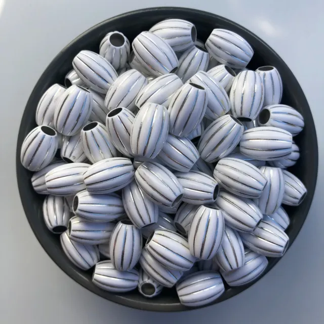 20X Oval White and Silver Macrame Beads 16x11mm Acrylic Resin Beads 4.8mm Hole