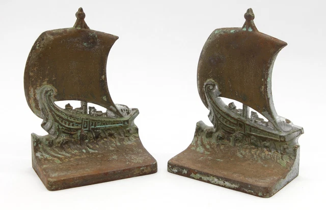 Pair of 1920s Cast Iron Bradley & Hubbard Viking Ship Bookends