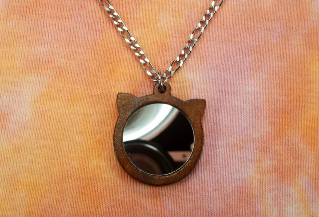 Katzenspiegel Necklace, 1" Witches Mirror Wood Cat Reflect Negative Energy