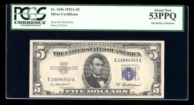DBR 1953-A $5 Silver Fr. 1656 EA Block PCGS 53 PPQ Serial E18894540A