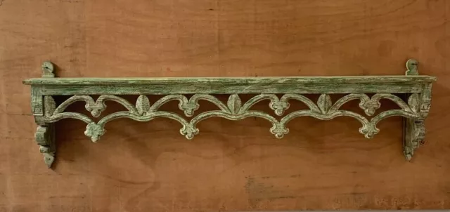 Old wooden shelf carved antique bracket wall hanging shelving distressed decor