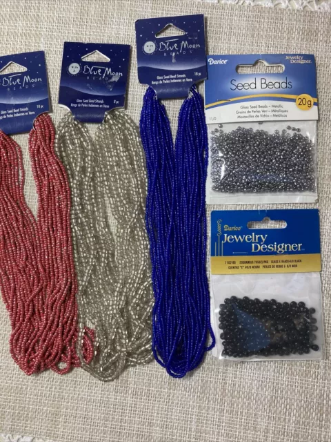 Lot of 5 Blue Moon And Darice Beads Mixed Colors Glass Seed Bead Strands