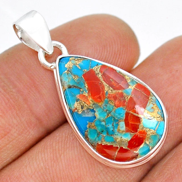 Handcrafted Silver 11.66cts Coral Turquoise Matrix Pear Pendant Jewelry U94088