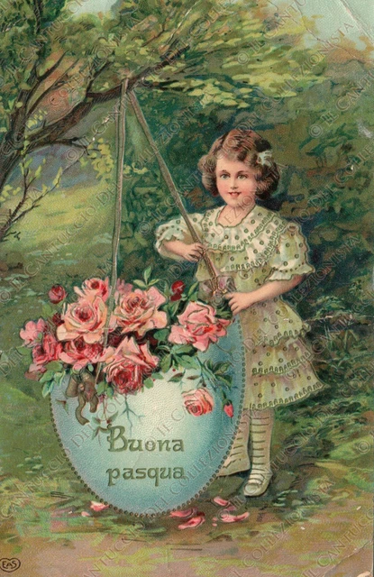 Buona Pasqua Bambina con uovo pieno di fiori Cartolina