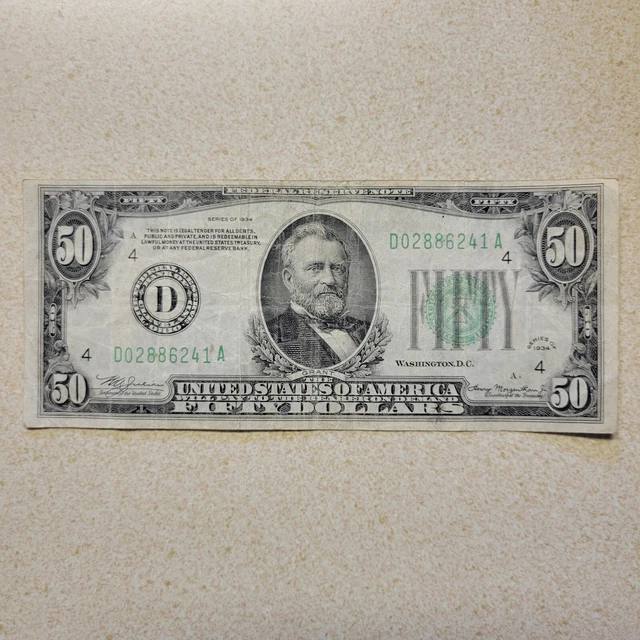 Vintage 1934 $50 50 Dollar Federal Reserve Note Green Seal D Cleveland Ohio