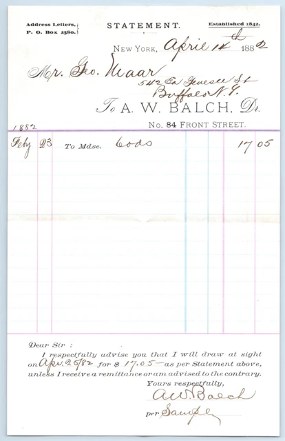 Vintage Billhead w/ Cover A.W. Balch Teas & Coffees New York Buffalo Stamp 1882 2