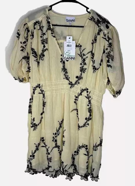 Ganni NWT Mini Dress Sz 40 US 8/10 Butter Yellow Floral Pleated Puff Sleeve