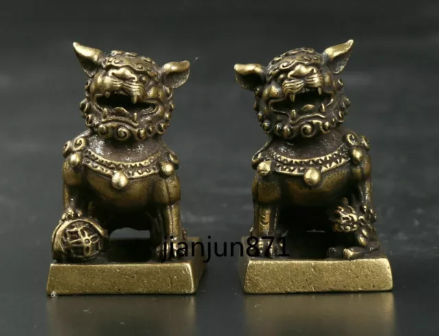 31MM Curio China Bronze Foo Fu Dog Guardion Lion Pair Small Seal Signet Statue