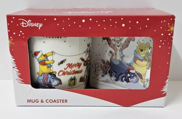 Disney 400ml Mug And Coaster Set Christmas Winnie The Pooh & Friends BNIB