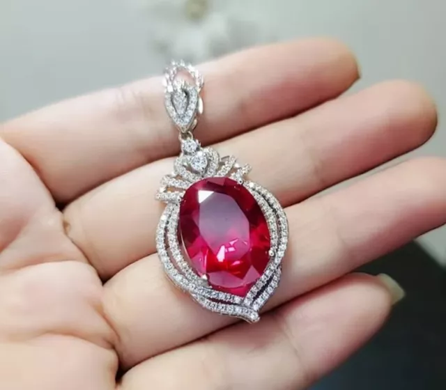 Art Deco Oval Cut Red Ruby & Lab Created Diamond Halo Wedding 925 Silver Pendant