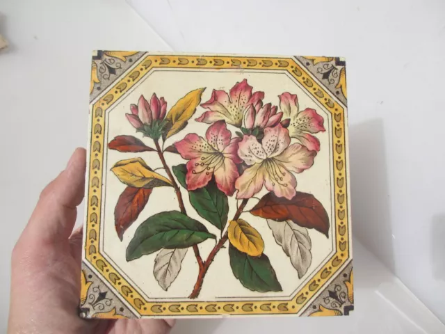 Victorian Ceramic Tile Floral Flowers Leaf Old Antique Art Nouveau Lily 1889