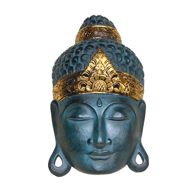 Serene Buddha Mask wall art sculpture Balinese Carved Wood Asian Home Decor Teal 2